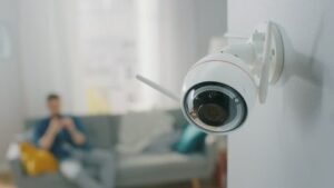 A white indoor security camera mounted on a wall in a brightly lit living room, demonstrating the kind of equipment used by a CCTV monitoring company for residential and home CCTV monitoring.