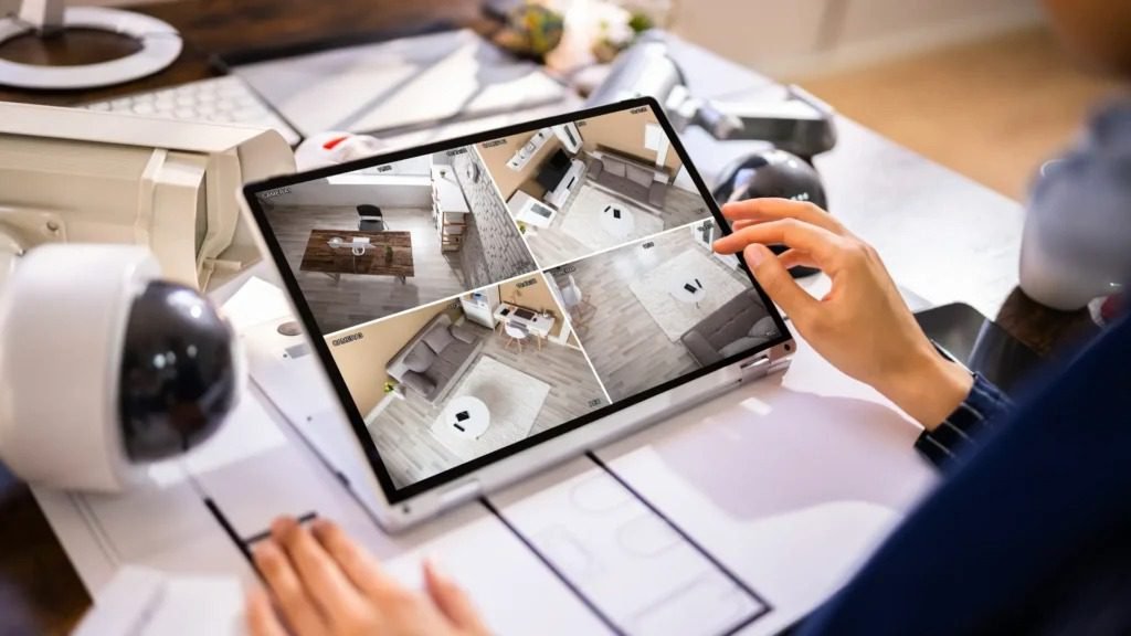 Person using a tablet to monitor real-time CCTV footage from a home or office, showcasing advanced CCTV monitoring and remote surveillance capabilities.