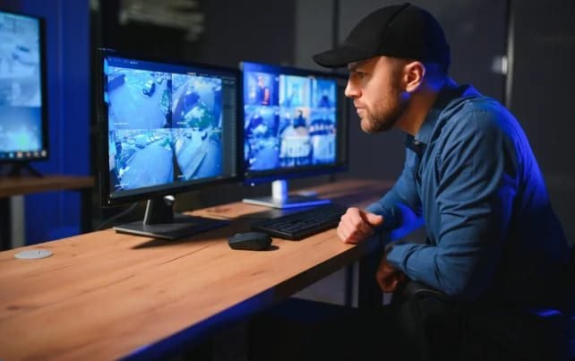 Multiple live video monitoring screens showing live CCTV monitoring feeds Description: Control room displays showing live monitoring security with multiple live CCTV surveillance feeds monitored simultaneously for 24/7 protection