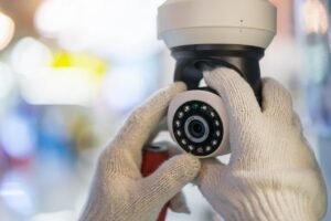 A technician's gloved hands carefully adjust a dome-style security camera during a professional security camera installation, representing the skilled labor and precision that determine overall CCTV Installation Costs in USA for a high-quality security system installation.