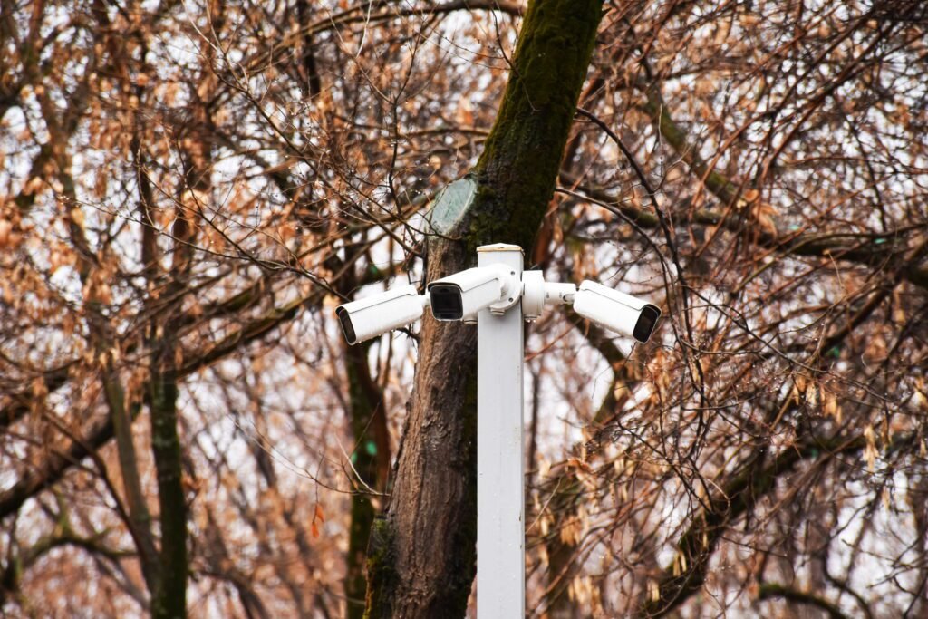 A white pole-mounted CCTV System featuring three outdoor cctv cameras pointing in different directions against a backdrop of bare autumn trees, illustrating the robust hardware to consider when evaluating CCTV System Costs in USA for professional security cameras or security cameras for your home.